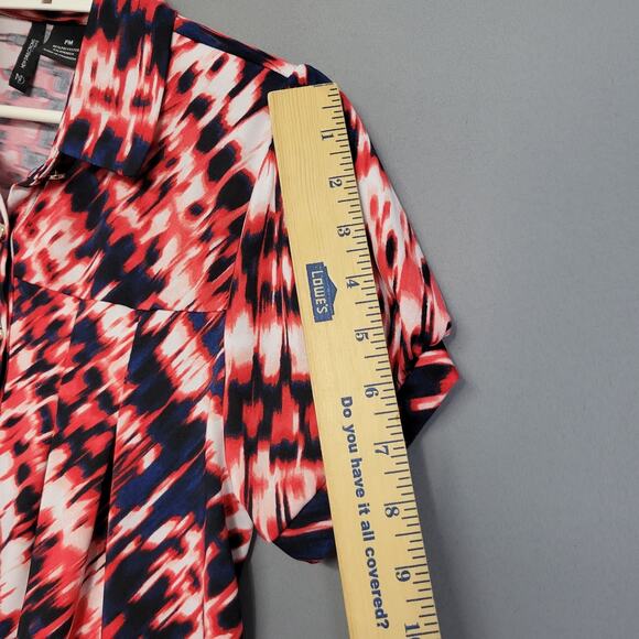 New Directions Top Womens Petites PM Red Black White Abstract Soft 1/4 Button - Picture 7 of 10
